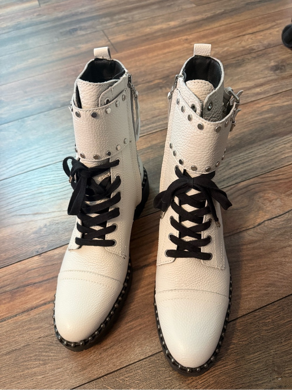 Sam Edelman White Pebbled Leather Combat Boots with Black Laces
